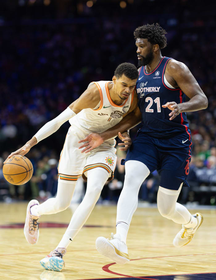 Jan 22, 2024; Philadelphia, Pennsylvania, USA; San Antonio Spurs center Victor Wembanyama (1) dribbles the ball against Philadelphia 76ers center Joel Embiid (21) during the third quarter at Wells Fargo Center.